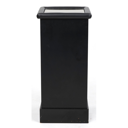 1012 - Contemporary ebonised and black leatherette column stand with mirrored top, 74cm H x 34cm W x 34cm D