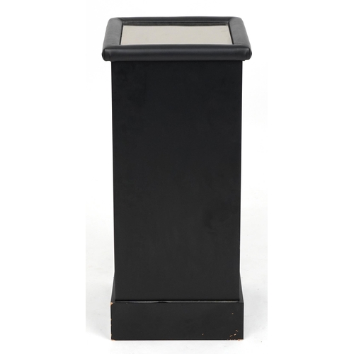 1012 - Contemporary ebonised and black leatherette column stand with mirrored top, 74cm H x 34cm W x 34cm D