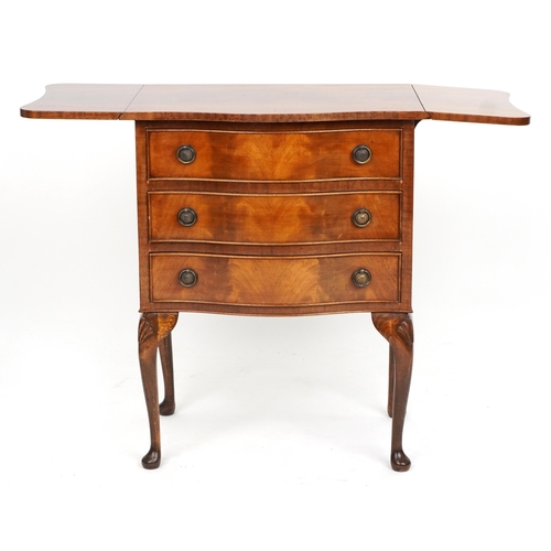 1131 - Mahogany drop leaf serpentine three drawer chest raised on cabriole legs, 73cm H x 41cm D x 60cm W e... 