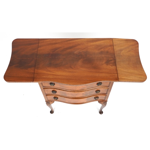 1131 - Mahogany drop leaf serpentine three drawer chest raised on cabriole legs, 73cm H x 41cm D x 60cm W e... 