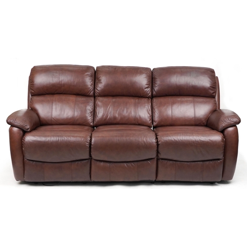 1066 - Contemporary brown leather three seater electric reclining sofa with USB charger ports, 205cm in len... 