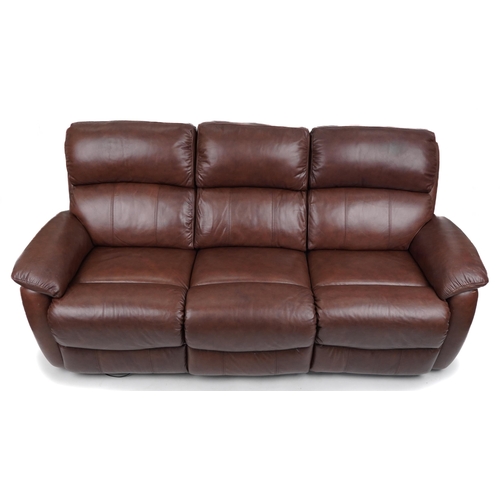 1066 - Contemporary brown leather three seater electric reclining sofa with USB charger ports, 205cm in len... 