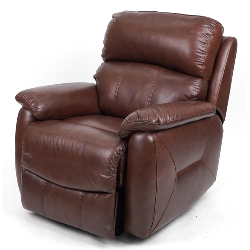 1067 - Contemporary brown leather electric reclining arm chair with USB charger port, 100cm H x 90cm W x 90... 