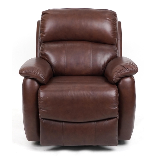 1067 - Contemporary brown leather electric reclining arm chair with USB charger port, 100cm H x 90cm W x 90... 