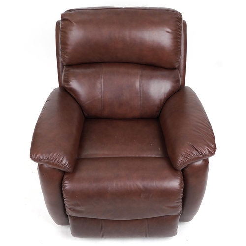 1067 - Contemporary brown leather electric reclining arm chair with USB charger port, 100cm H x 90cm W x 90... 