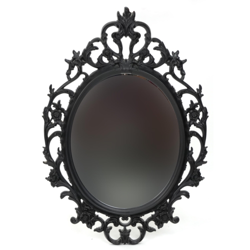 1028 - French style black framed wall hanging mirror, 84cm x 60cm