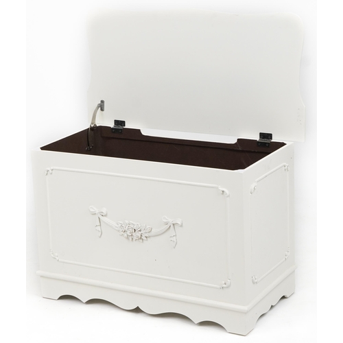 1127 - French style cream painted blanket box with swag mouldings, 48cm H x 75cm W x 39cm D