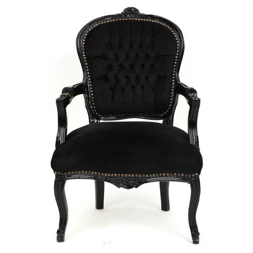 1140 - French style black painted elbow chair with button back upholstery, 92cm high