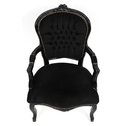 1140 - French style black painted elbow chair with button back upholstery, 92cm high