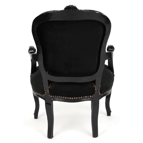 1140 - French style black painted elbow chair with button back upholstery, 92cm high