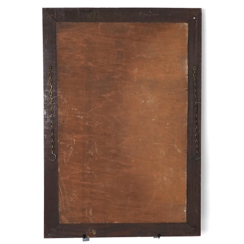 1068 - Arts & Crafts oak wall hanging mirror with bevelled glass, 82cm x 56cm