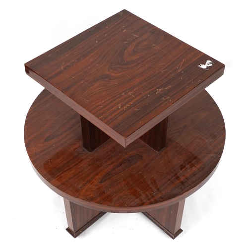 1136 - Art Deco style rosewood effect two tier centre table, 79cm high x 78cm in diameter