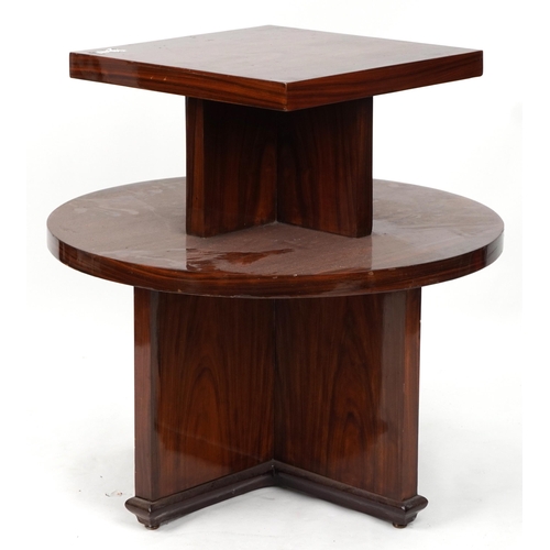 1136 - Art Deco style rosewood effect two tier centre table, 79cm high x 78cm in diameter