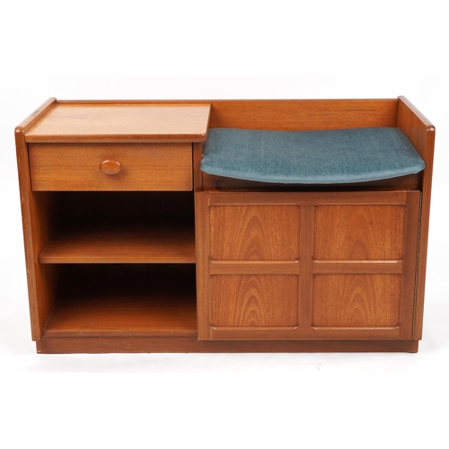 1107 - Mid century Nathan teak telephone seat, 56.5cm H x 92cm W x 36.5cm D