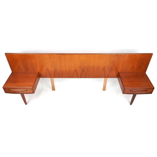 1072 - Mid century G Plan Fresco teak double headboard with nightstands, probably G Plan, 89cm high x 254cm... 