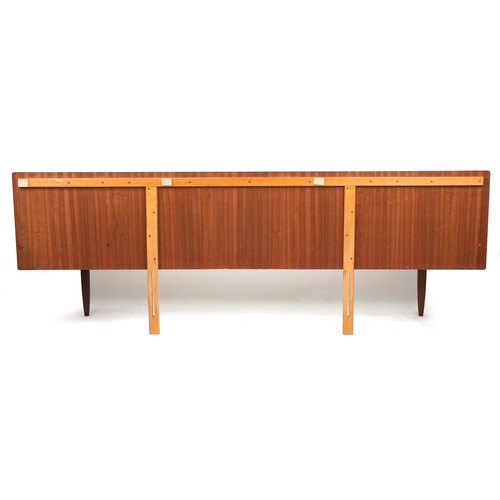 1072 - Mid century G Plan Fresco teak double headboard with nightstands, probably G Plan, 89cm high x 254cm... 