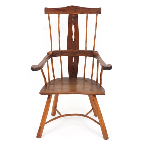 1084 - Antique country spindle back chair with pierced splat, 101cm high