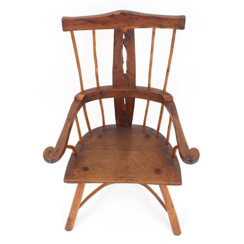 1084 - Antique country spindle back chair with pierced splat, 101cm high