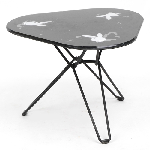 1019 - Triangular Playboy glass top table, 45cm H x 59cm W x 59cm D, PROVENANCE: the Playboy Club, Park Lan... 