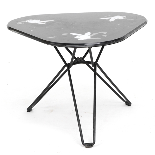 1019 - Triangular Playboy glass top table, 45cm H x 59cm W x 59cm D, PROVENANCE: the Playboy Club, Park Lan... 