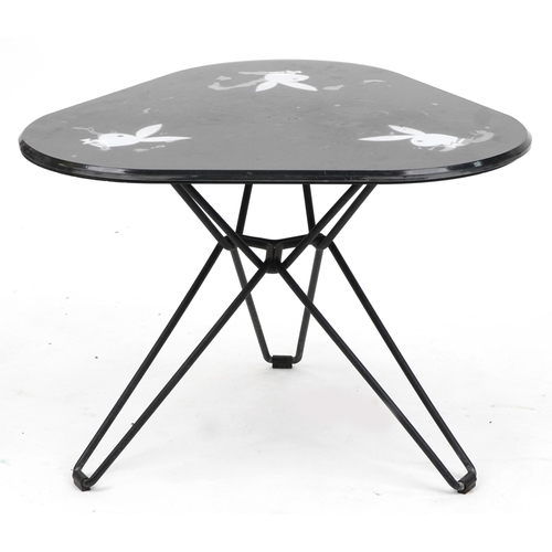 1019 - Triangular Playboy glass top table, 45cm H x 59cm W x 59cm D, PROVENANCE: the Playboy Club, Park Lan... 