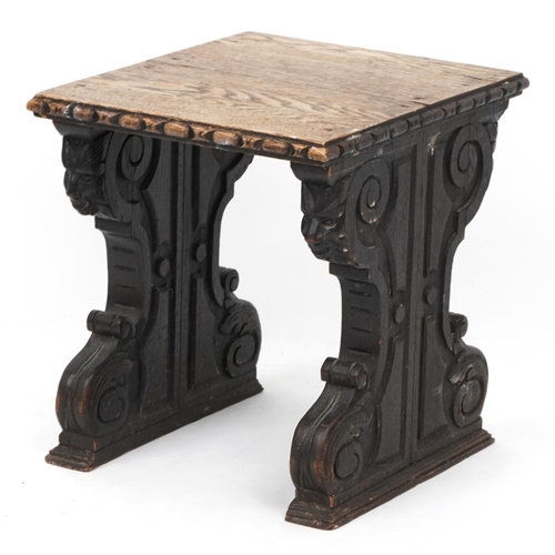 1061 - Antique carved oak occasional stool, 40cm H x 40cm W x 35cm D