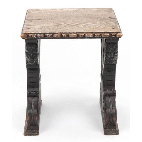 1061 - Antique carved oak occasional stool, 40cm H x 40cm W x 35cm D