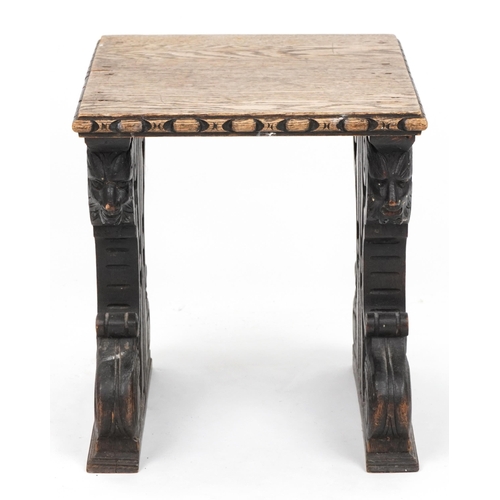 1061 - Antique carved oak occasional stool, 40cm H x 40cm W x 35cm D