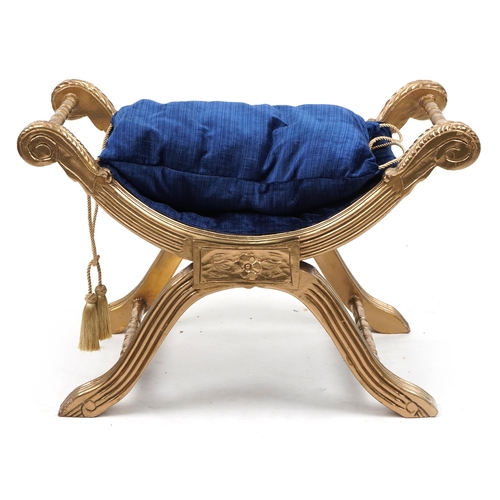1111 - French style gilt X frame stool with blue upholstery, 53cm H x 76cm W x 48cm D