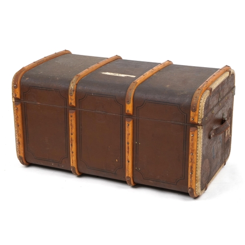 1134 - Vintage wooden bound trunk with Fabrica Suisse label, 46cm H x 87cm W x 51cm D