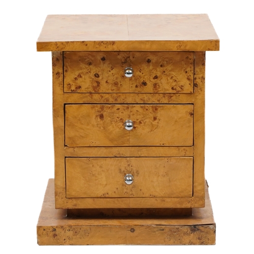 1092 - Art Deco style bird's eye maple effect three drawer bedside chest, 48cm H x 41cm W x 40cm D