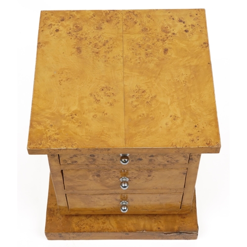 1092 - Art Deco style bird's eye maple effect three drawer bedside chest, 48cm H x 41cm W x 40cm D