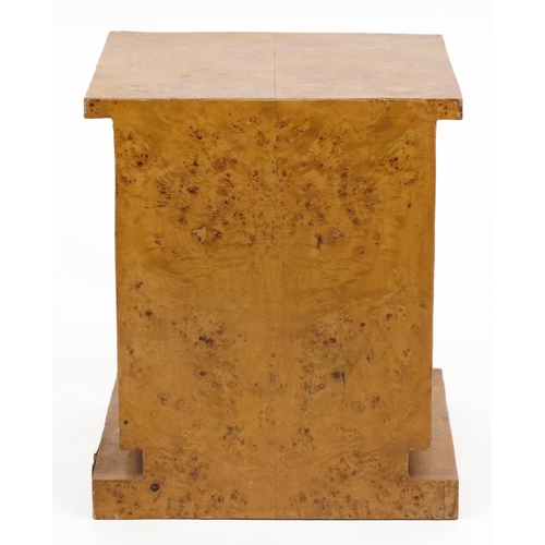 1092 - Art Deco style bird's eye maple effect three drawer bedside chest, 48cm H x 41cm W x 40cm D