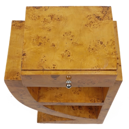 1085 - Art Deco style bird's eye maple effect bedside table with frieze drawer and under tier, 75cm H x 47c... 