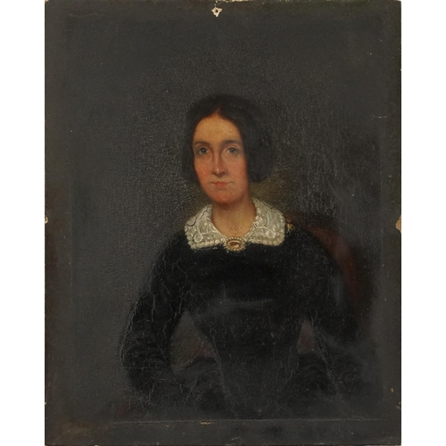 202 - Half length portrait of a female wearing a black dress, possibly mourning, mid 19th century oil on b... 