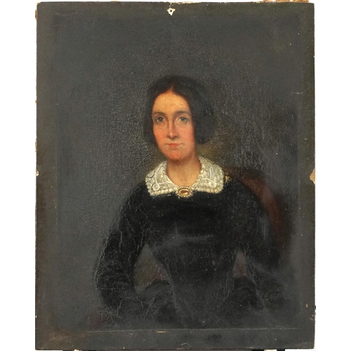 202 - Half length portrait of a female wearing a black dress, possibly mourning, mid 19th century oil on b... 