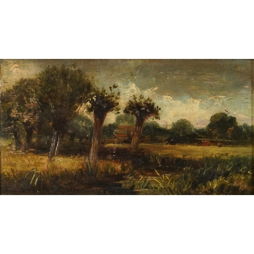 512 - Cattle grazing in a landscape, oil on wood panel, indistinctly inscribed in ink verso, mounted and f... 