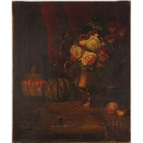 1182 - Still life flowers, fruit and feathers, oil on canvas, possibly 19th century, unframed, 75cm x 63cm