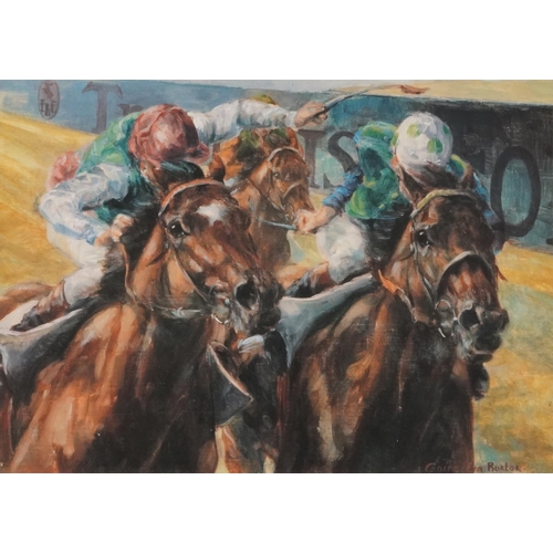 579 - Claire Eva Burton - Jockeys on Horseback, pencil signed print in colour, limited edition 149/495, st... 