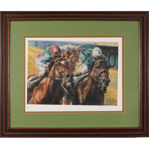 579 - Claire Eva Burton - Jockeys on Horseback, pencil signed print in colour, limited edition 149/495, st... 