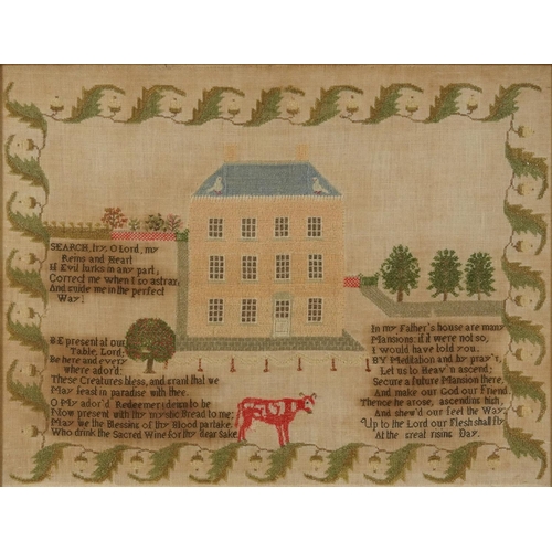 383 - 19th century needlework sampler embroidered with a house, acorns and religious verse, mounted, frame... 