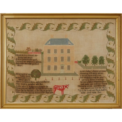 383 - 19th century needlework sampler embroidered with a house, acorns and religious verse, mounted, frame... 