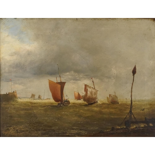 45 - Sailing boats beside figures on a jetty, 19th century oil on canvas, Winsor & Newton London stamp ve... 