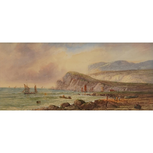 556 - A Lewis 1904 - Coastal landscape with figures and fishing boats, early 20th century watercolour on c... 