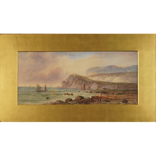 556 - A Lewis 1904 - Coastal landscape with figures and fishing boats, early 20th century watercolour on c... 