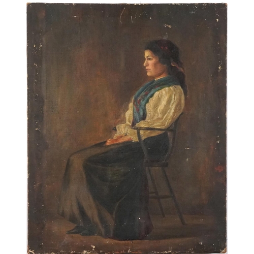 79 - Full length portrait of a seated female wearing a headscarf, oil on canvas, G Rowney & Co London sta... 