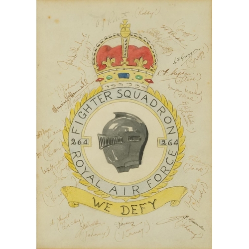 1525 - Royal Air Force interest Fighter Squadron watercolour with ink signatures, Fighter Squadron Royal Ai... 