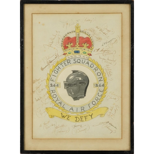 1525 - Royal Air Force interest Fighter Squadron watercolour with ink signatures, Fighter Squadron Royal Ai... 