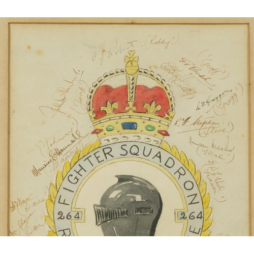 1525 - Royal Air Force interest Fighter Squadron watercolour with ink signatures, Fighter Squadron Royal Ai... 