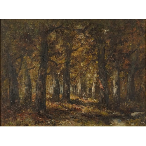 493 - Woodland landscape with figure, oil on canvas, indistinctly signed, C Halford, Camden Town stamp ver... 